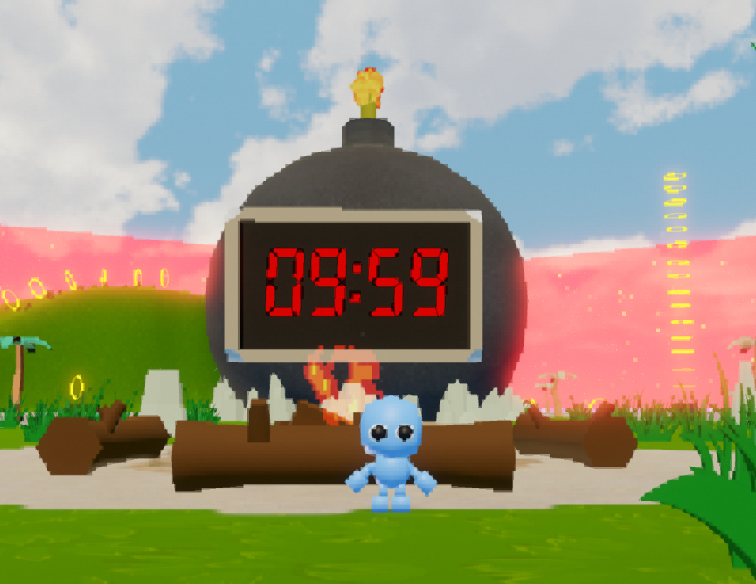 Countdown Island character standing in front of a giant ticking bomb